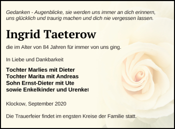 Traueranzeige von Ingrid Taeterow von Neubrandenburger Zeitung