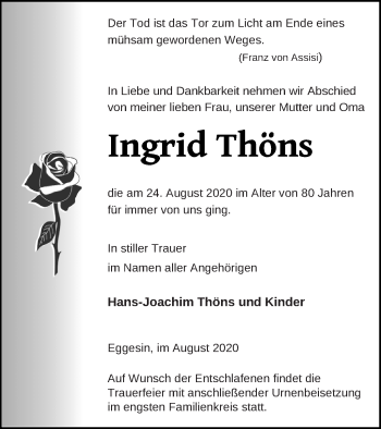 Traueranzeige von Ingrid Thöns von Haff-Zeitung
