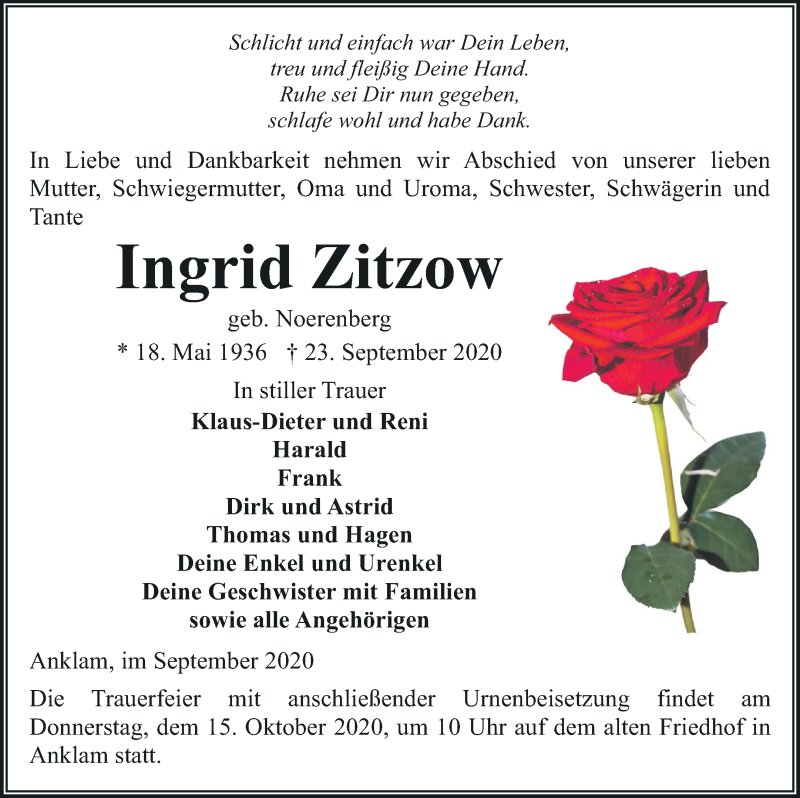  Traueranzeige für Ingrid Zitzow vom 26.09.2020 aus Vorpommern Kurier