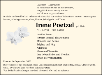 Traueranzeige von Irene Poetzel von Pasewalker Zeitung