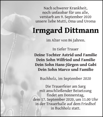 Traueranzeige von Irmgard Dittmann von Müritz-Zeitung