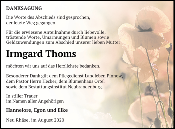 Traueranzeige von Irmgard Thoms von Neubrandenburger Zeitung