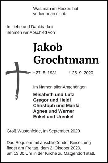 Traueranzeige von Jakob Grochtmann von Mecklenburger Schweiz