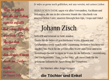 Traueranzeige von Johann Zisch von Mecklenburger Schweiz