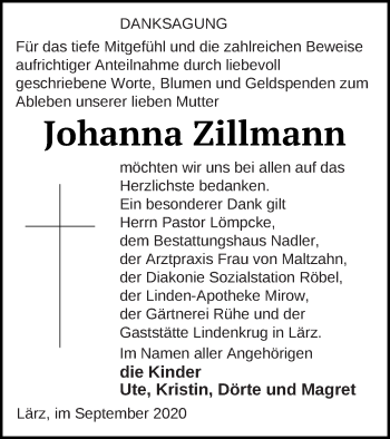 Traueranzeige von Johanna Zillmann von Müritz-Zeitung