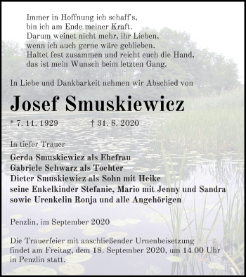 Traueranzeige von Josef Smuskiewicz von Müritz-Zeitung