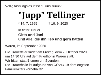 Traueranzeige von Jupp Tellinger von Müritz-Zeitung