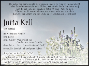 Traueranzeigen von Jutta Kell | Trauer Nordkurier