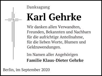 Traueranzeige von Karl Gehrke von Vorpommern Kurier