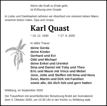 Traueranzeige von Karl Ouast von Neubrandenburger Zeitung