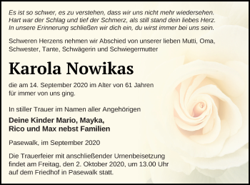 Traueranzeige von Karola Nowikas von Pasewalker Zeitung