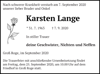 Traueranzeige von Karsten Lange von Mecklenburger Schweiz