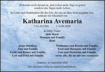 Traueranzeige von Katharina Avemaria von Hagenower Kreisblatt