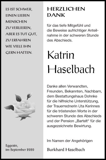 Traueranzeige von Katrin Haselbach von Haff-Zeitung