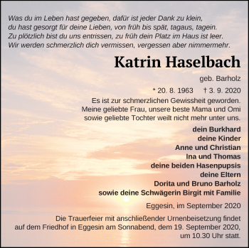 Traueranzeige von Katrin Haselbach von Haff-Zeitung