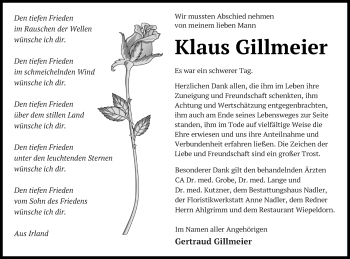 Traueranzeige von Klaus Gillmeier von Müritz-Zeitung