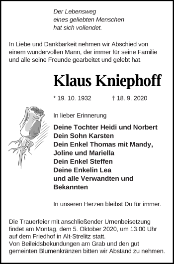 Traueranzeige von Klaus Kniephoff von Strelitzer Zeitung