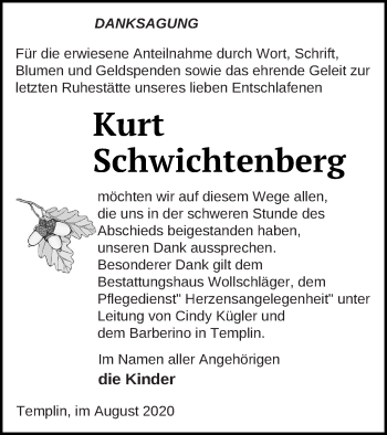 Traueranzeige von Kurt Schwichtenberg von Templiner Zeitung