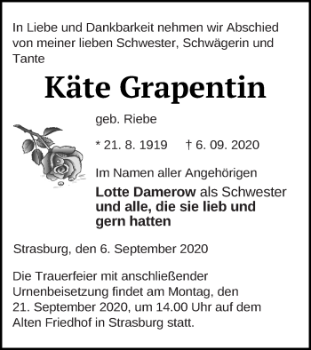 Traueranzeige von Käte Grapentin von Pasewalker Zeitung