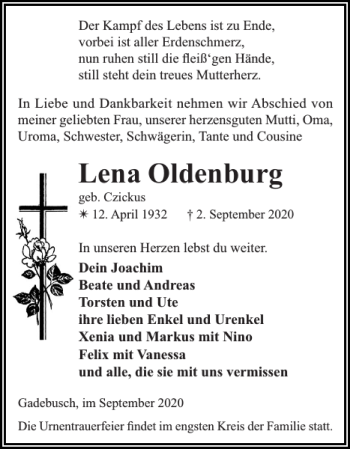 Traueranzeige von Lena Oldenburg von Gadebusch-Rehnaer Zeitung