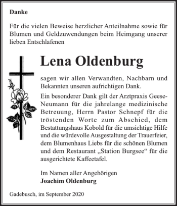 Traueranzeige von Lena Oldenburg von Gadebusch-Rehnaer Zeitung