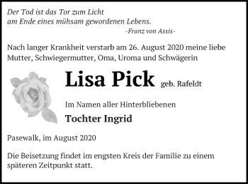 Traueranzeige von Lisa Pick von Pasewalker Zeitung
