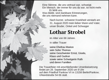 Traueranzeige von Lothar Strobel von Neubrandenburger Zeitung