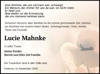 Traueranzeige von Lucie Mahnke von Müritz-Zeitung