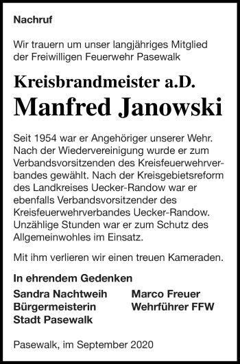 Traueranzeige von Manfred Janowski von Pasewalker Zeitung