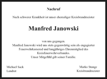 Traueranzeige von Manfred Janowski von Vorpommern Kurier