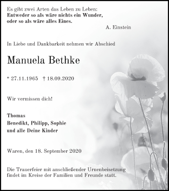 Traueranzeige von Manuela Bethke von Müritz-Zeitung