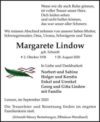 Traueranzeige von Margarete Lindow von Der Prignitzer