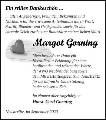 Traueranzeige von Margot Gorning von Strelitzer Zeitung