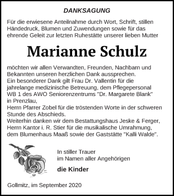 Traueranzeige von Marianne Schulz von Prenzlauer Zeitung