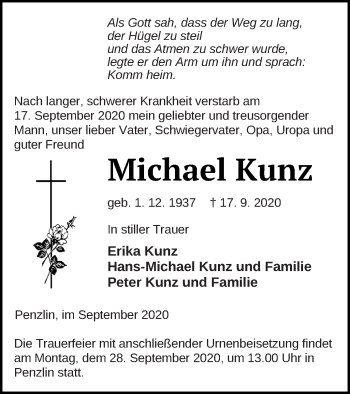 Traueranzeige von Michael Kunz von Müritz-Zeitung