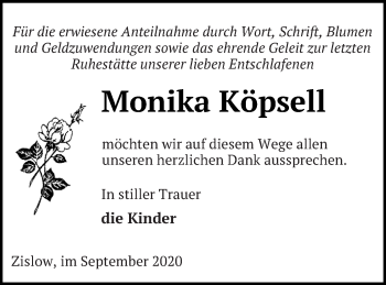 Traueranzeige von Monika Köpsell von Müritz-Zeitung