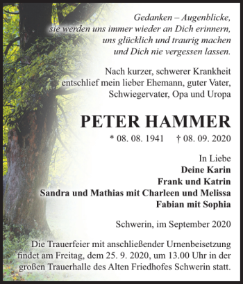 Traueranzeige von PETER HAMMER von Zeitung für die Landeshauptstadt