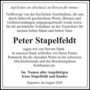 Traueranzeige von Peter Stapelfeldt von Hagenower Kreisblatt