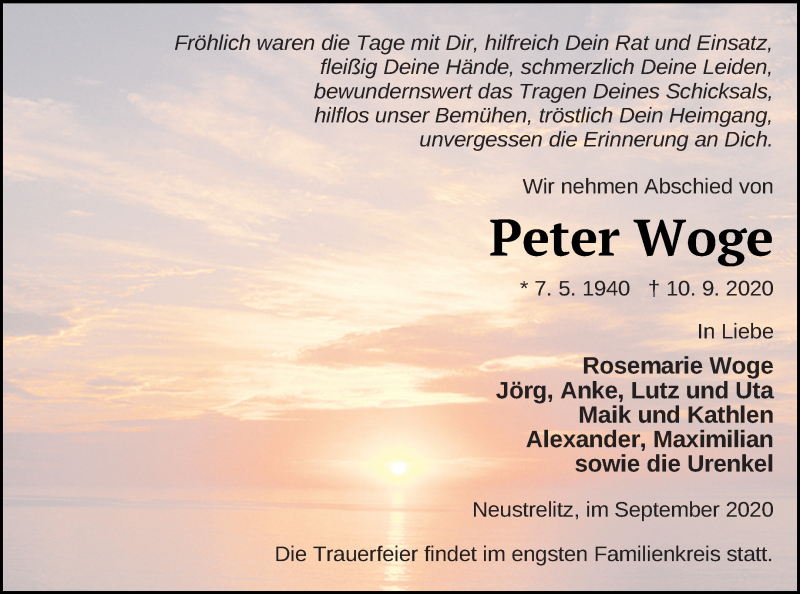  Traueranzeige für Peter Woge vom 12.09.2020 aus Strelitzer Zeitung