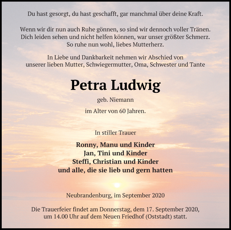  Traueranzeige für Petra Ludwig vom 12.09.2020 aus Neubrandenburger Zeitung