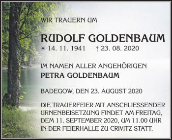 Traueranzeige von RUDOLF GOLDENBAUM von Zeitung für die Landeshauptstadt