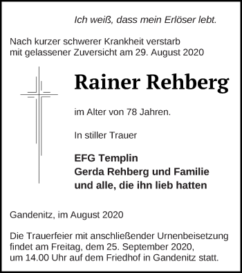 Traueranzeige von Rainer Rehberg von Templiner Zeitung