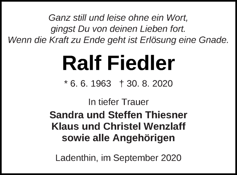  Traueranzeige für Ralf Fiedler vom 12.09.2020 aus Pasewalker Zeitung