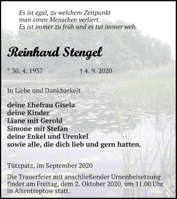 Traueranzeige von Reinhard Stengel von Neubrandenburger Zeitung