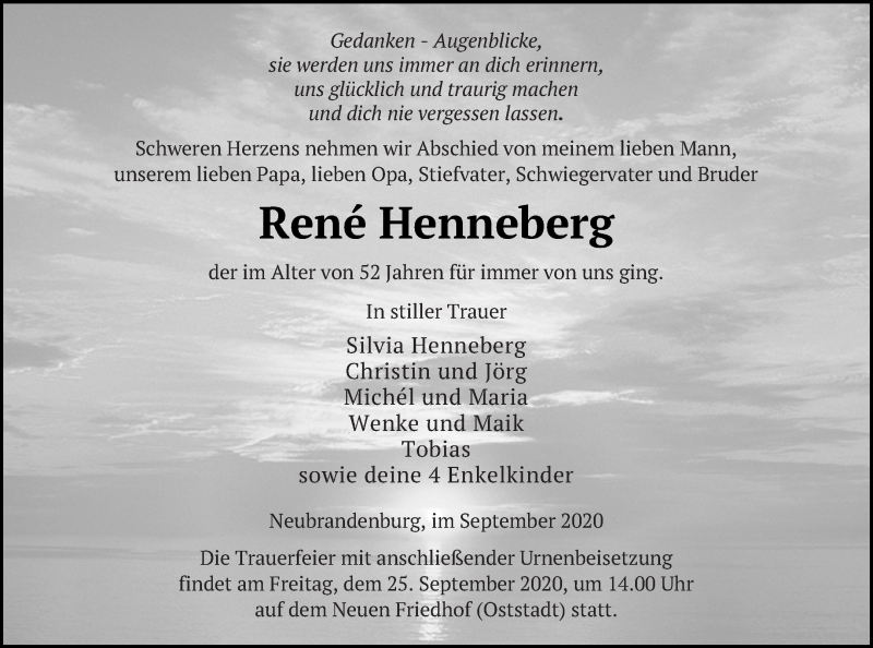  Traueranzeige für Rene Henneberg vom 11.09.2020 aus Neubrandenburger Zeitung