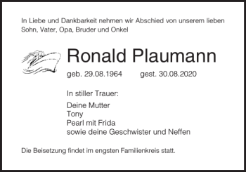 Traueranzeige von Ronald Plaumann von Norddeutsche Neueste Nachrichten