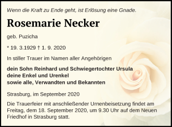 Traueranzeige von Rosemarie Necker von Pasewalker Zeitung