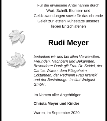 Traueranzeige von Rudi Meyer von Müritz-Zeitung