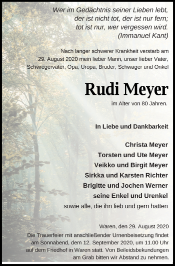 Traueranzeige von Rudi Meyer von Müritz-Zeitung