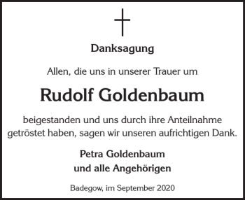 Traueranzeige von Rudolf Goldenbaum von Zeitung für die Landeshauptstadt